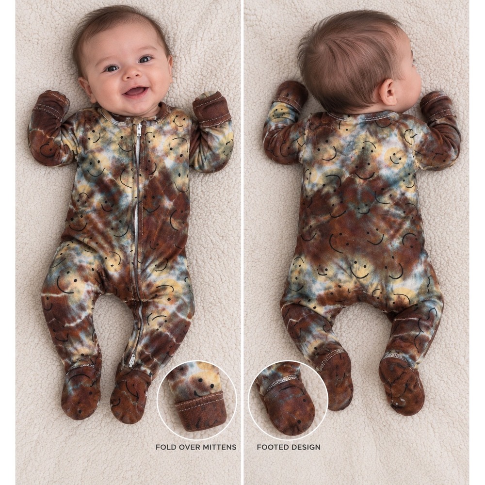 Little Pajama Co Sleeper Kids NB Brown Tie Dye Smiley Face Bamboo Zippy CUSTOM